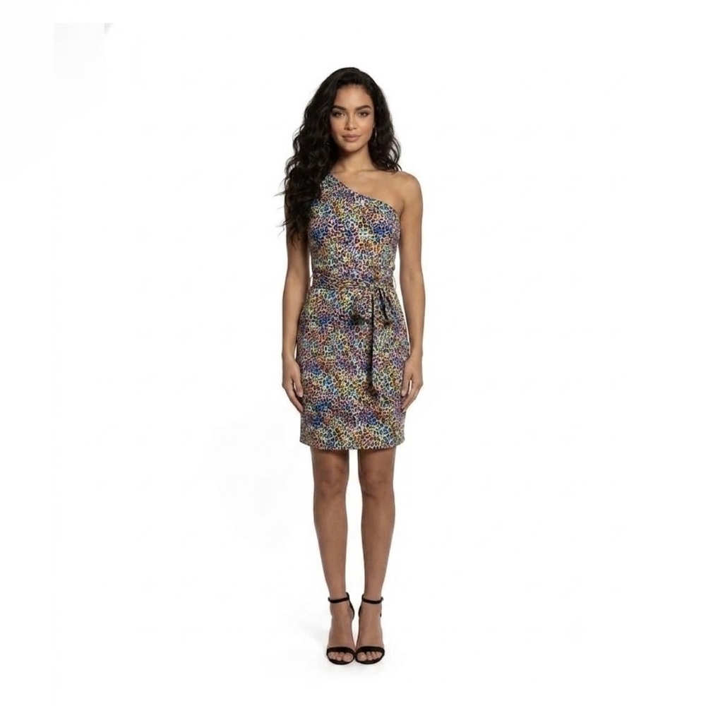 Multi-colored Leopard Print One-shoulder Dress w/ braided tie belt